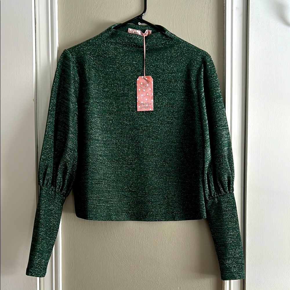 Traffic People Funnel Top w Juliet Sleeves Sparkly Dark Green NWT $75